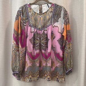 KAS NewYork/Anthropologie Graphic Pink and Orange Sheer Blouse Womens Size Small